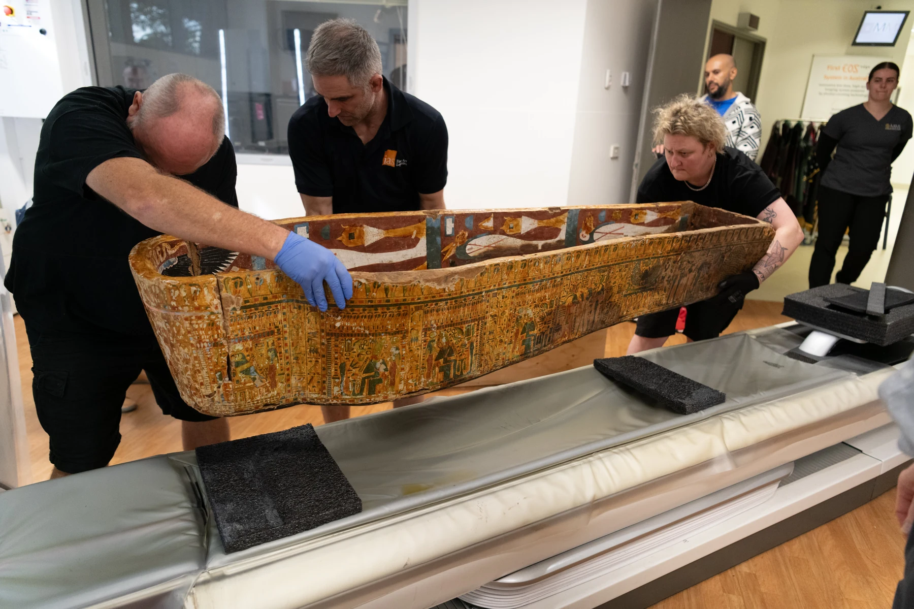 Ancient Egyptian coffin entering the CT scanner at Macquarie University Hospital